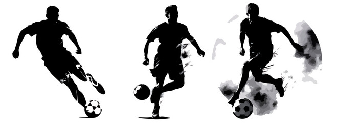 Group of soccer players playing soccer together, athletic male athletes silhouettes, black and white vector decorative graphics - obrazy, fototapety, plakaty