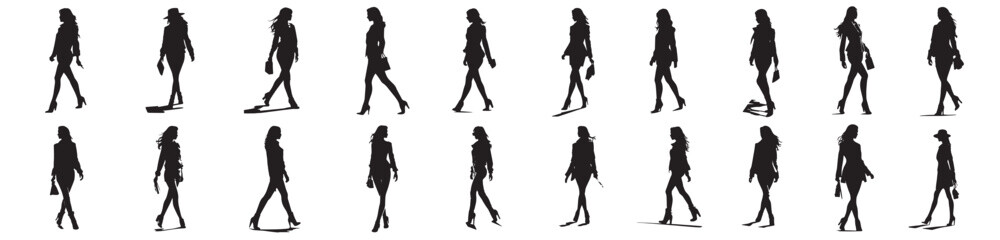 Female silhouettes, black shapes of girls in different positions, black and white vector decorative graphics - obrazy, fototapety, plakaty