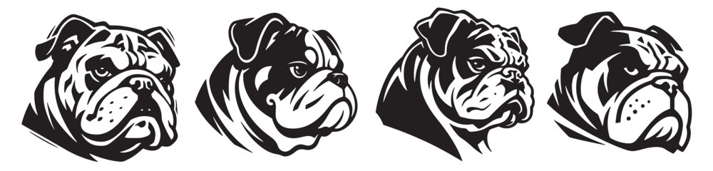 Bulldog dog head silhouette, black and white vector illustration