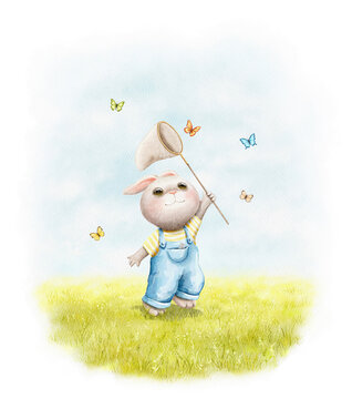 Little cute rabbit animal in overalls  catches butterflies with a butterfly net in bright landscape scenery with green grass isolated on white background. Watercolor hand drawn illustration sketch