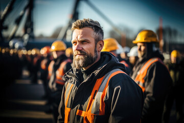Portrait of a rugged construction worker with a beard wearing a safety helmet and reflective vest among a group of workers.