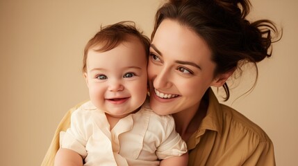 Mother and baby share a moment of pure joy during a photo shoot.