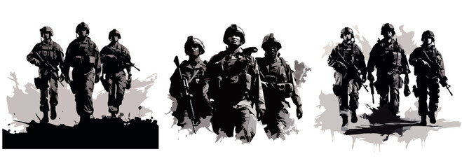 Group of soldiers in full uniform and machine guns, military silhouettes, black and white vector decorative graphics - obrazy, fototapety, plakaty