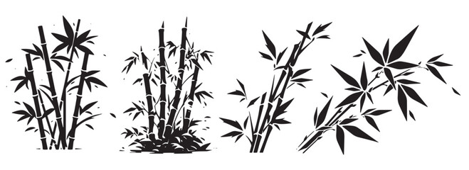 Set of bamboo twigs with leaves, black and white patterns decorative vector illustrations