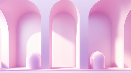 Abstract pink room with arch. Surreal architectural abstraction in pastel colors