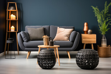 Modern and cozy living room with stylish sofa, wooden coffee table, and elegant home decor.