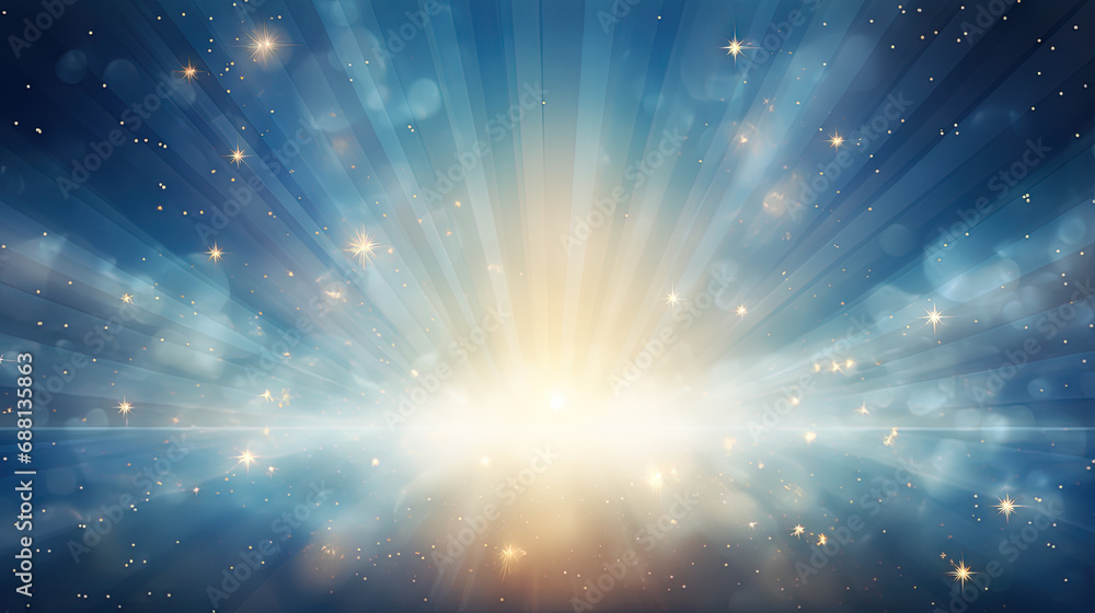 Poster abstract backgound with blue and orange light rays. god rays or light burst with bokeh