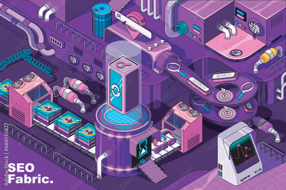 Fototapete seo optimization web concept in 3d isometric design. search analytics, target strategy, data researc
