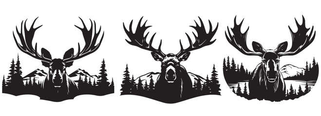 Silhouette of a moose against the background of the forest and mountains, black and white vector graphics - obrazy, fototapety, plakaty
