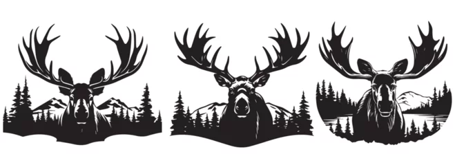 Foto op Aluminium Silhouette of a moose against the background of the forest and mountains, black and white vector graphics © Cris