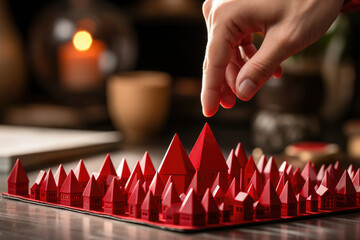 A hand carefully selects among miniature red paper houses arranged on a table, symbolizing real estate selection and investment. - obrazy, fototapety, plakaty