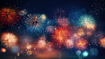 Naklejka premium Colorful fireworks of various colors over night sky.