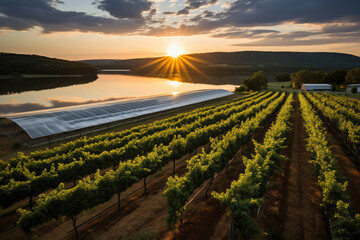 A scenic vineyard at sunset with rows of grapevines and solar panels reflecting the golden sunlight...