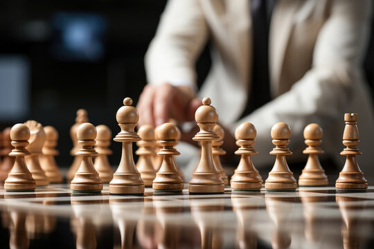 A close-up image of a person in a business suit making a move in a strategic game of chess.