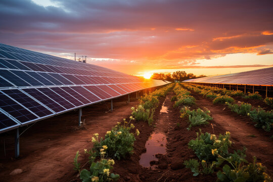 A beautiful image showcasing solar panels on a farm at sunset, illustrating the fusion of agriculture with renewable energy technology.