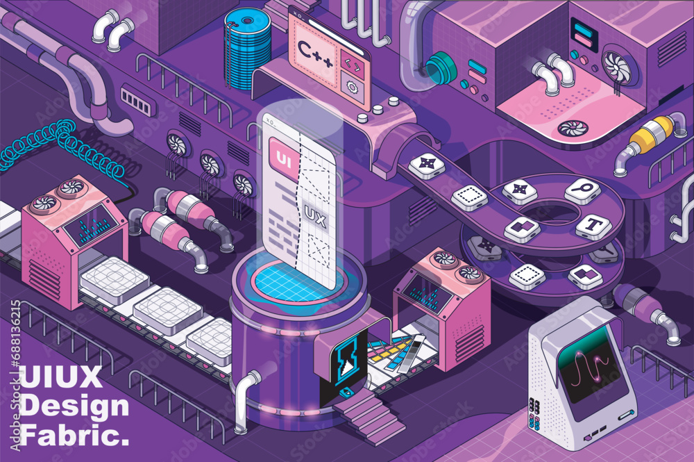 Fototapete UI UX design web concept in 3d isometric design. App layouts and mobile interface templates development. Abstract fabric production line in isometry graphic for corporate poster. Vector illustration.