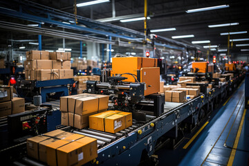 Conveyor belt in a warehouse, efficiently transporting packaged boxes for shipping in an industrial setting. - obrazy, fototapety, plakaty