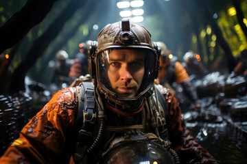 Fototapeta premium Intense portrait of an astronaut in a space suit, amidst a dramatic science fiction setting, ready for a thrilling space adventure.