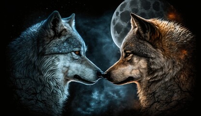 two wolves in the moonlight - obrazy, fototapety, plakaty