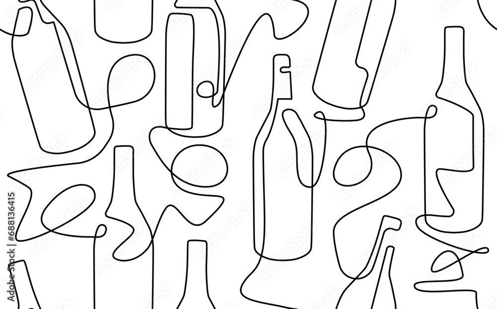 Wall mural seamless pattern with continuous line drawing bottles. background with wine, champagne. vector illus