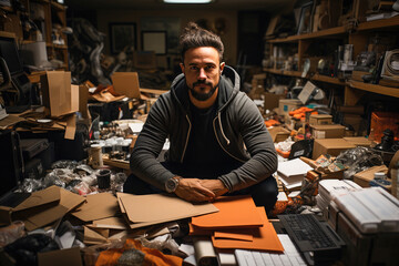 Man sitting in a cluttered workspace surrounded by craft materials and business paperwork, representing creativity and entrepreneurship.