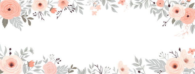 Obraz na płótnie Canvas Horizontal banner with pastel pink, ivory, powder rose flowers and plants in pale pastel colors. Spring tender flowers border. Wedding frame poster, greeting card, header for website 