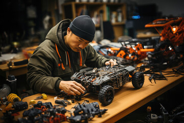 A dedicated hobbyist meticulously assembles a detailed model car at a workshop table surrounded by tools and parts. - obrazy, fototapety, plakaty