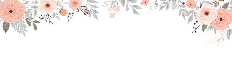 Horizontal banner with pastel pink, ivory, powder rose flowers and plants in pale pastel colors. Spring tender flowers border. Wedding frame poster, greeting card, header for website 