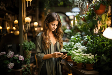 Young woman with smartphone browsing through green plants in a cozy indoor garden center.