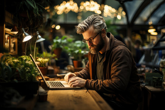 A Stylish Man With A Beard Focused On Working On His Laptop In A Cozy Coffee Shop Surrounded By Plants And Warm Lighting.