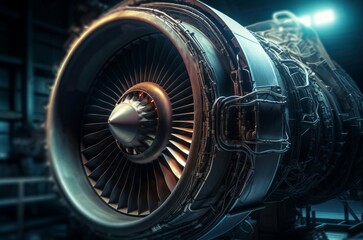 Aircraft jet engine. Powerful airplane turbo motor wheel. Generate ai