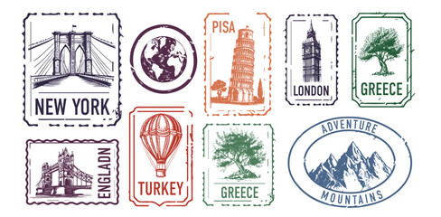Collection of city stamps, London, Turkey, Greece, New York, Pisa, Mountains.