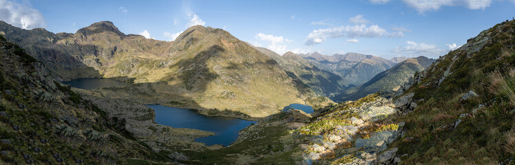 panoramic view of the three lakes of tristaina in andorra - obrazy, fototapety, plakaty