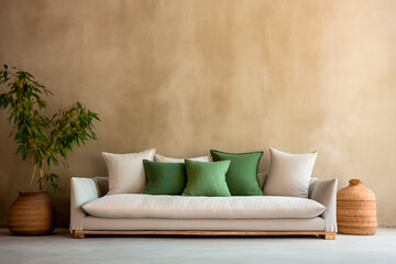 Fototapeta na wymiar In a modern living room with boho interior design, a beige sofa adorned with green pillows is set against a Venetian stucco wall, providing copy space.