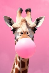 Portrait of giraffe blowing pink bubblegum, on pink background - obrazy, fototapety, plakaty