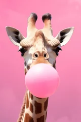Poster Portrait of giraffe blowing pink bubblegum, on pink background © paffy