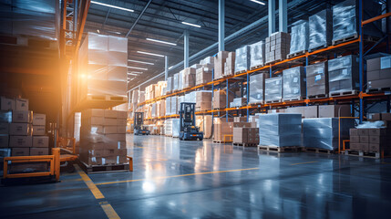A retail warehouse filled with shelves stocked with cartons, pallets, forklifts, and blurred logistics and transportation in the background; a hub for product distribution, - obrazy, fototapety, plakaty