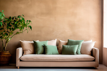 In a modern living room with boho interior design, a beige sofa adorned with green pillows is set against a Venetian stucco wall, providing copy space.