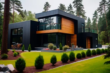 Fotobehang Exterior view of a modern minimalist two-story private house with a cubic design, situated in a forest. The black walls are adorned with timber wood cladding, and the back yard features a beautiful la © Uliana