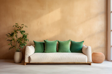In a modern living room with boho interior design, a beige sofa adorned with green pillows is set against a Venetian stucco wall, providing copy space.