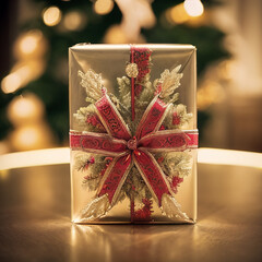 Golden color gift box with red ribbon, beautifully reflects light, surprise, close-up, Christmas background