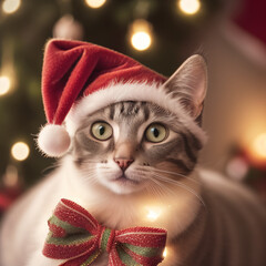 Cat wearing Santa Claus hat, gray tabby cat, close-up, Christmas background