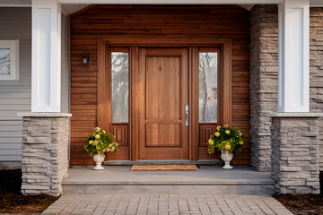 Georgian-style cottage entrance with wooden door, gabled porch, white columns, and stone cladding.