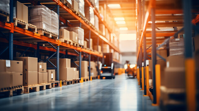 A retail warehouse filled with shelves of cartons, pallets, and forklifts, with logistics and transportation in the background, serving as a distribution center for products,