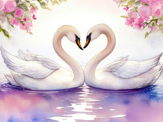 Two swans in a tender embrace, watercolor illustration. Valentine's Day card. With space for text. Generative AI