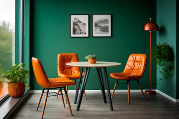 In a modern living room with Scandinavian and mid-century interior design, orange leather chairs surround a round dining table against a green wall, creating a stylish and vibrant space.