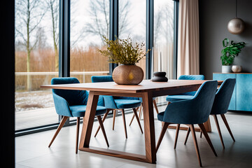 In a modern dining room with Scandinavian interior design,blue chairs surround a wooden dining table placed against a window, creating a stylish and functional space. Bright image. 