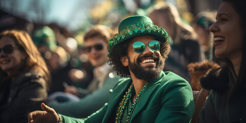 St. Patrick day holiday symbol. A party, a celebration. Parade in Green Hats. Celebration of St. Patrick. Good luck, attributes of the feast of St. Patrick - obrazy, fototapety, plakaty