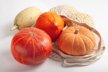 Different varieties of pumpkins in a string bag on a white background