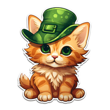 St. Patrick Day. Cat in a hat. Humor and happiness. Sticker. A series of stickers and symbols: clover, hat, green quatrefoil. 